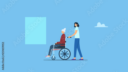 Vector illustration a nurse or caregiver pushing adult woman, senior, elderly on wheelchair at a nursing home. Elderly healthcare and support, age caregiving.