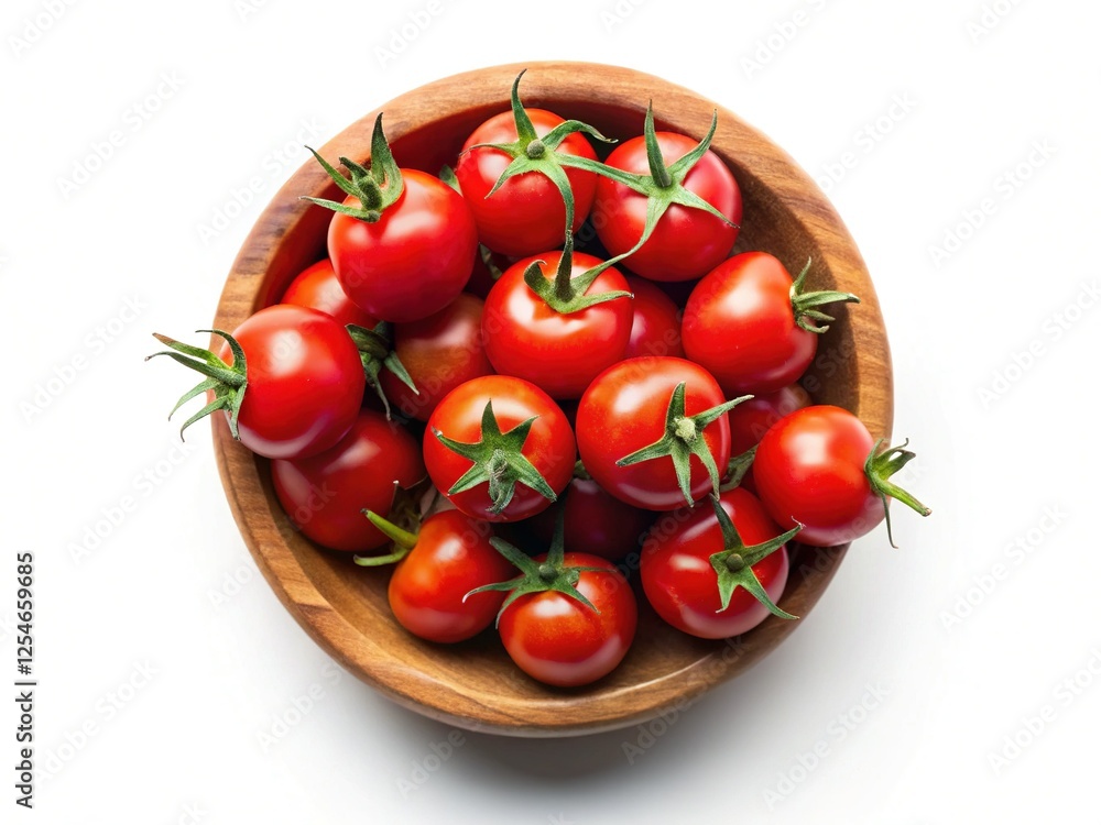 Fresh Red Cherry Tomatoes in Rustic Wooden Bowl – Top View Isolated White Background