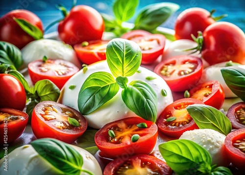 Obraz na płótnie Fresh Caprese Salad: Juicy Tomatoes, Creamy Mozzarella, Basil Leaves w salonie