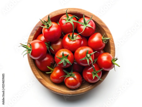 Obraz na płótnie Fresh Red Cherry Tomatoes in Rustic Wooden Bowl – Top View Isolated White Background w salonie