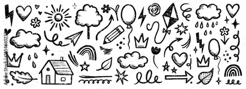 Kid crayon chalk line cloud, flower children sticker set. Hand drawn crayon doodle sketch childish cute element set. Chalk star, heart, flower color cute element background. Vector illustration