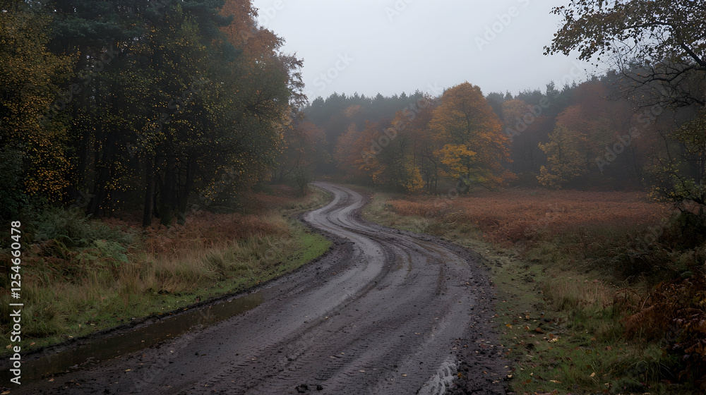 Fototapeta premium Winding autumn forest road, misty day, nature background, travel imagery