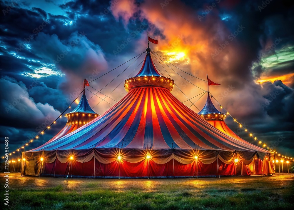 Illuminated Circus Tent at Night, Twinkling Lights, Dark Sky - Stock Photo Illuminated Circus Tent at Night, Twinkling Lights, Dark Sky - Stock Photo