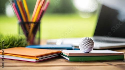 Golf ball on books with laptop and pencils in a bright outdoor workspace concept