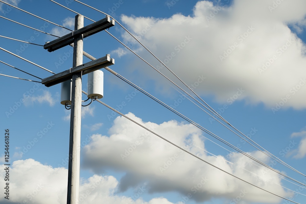 Power Pole Against a Blue Sky with Fluffy Clouds on a Bright Day in the Countryside Power Pole Against a Blue Sky with Fluffy Clouds on a Bright Day in the Countryside