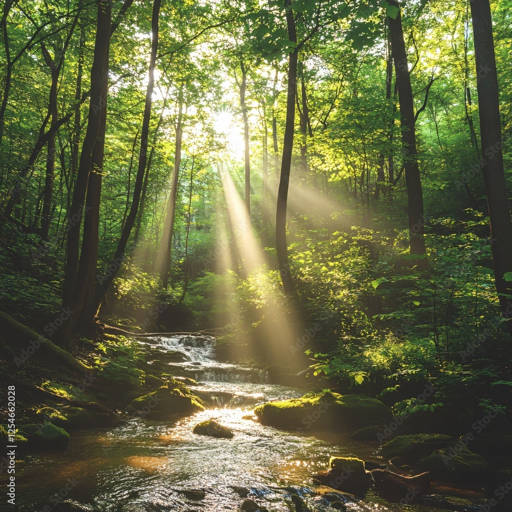 Fototapeta premium Enchanting Forest Stream Bathed in Golden Sunlight Serene Nature Scene with Lush Greenery