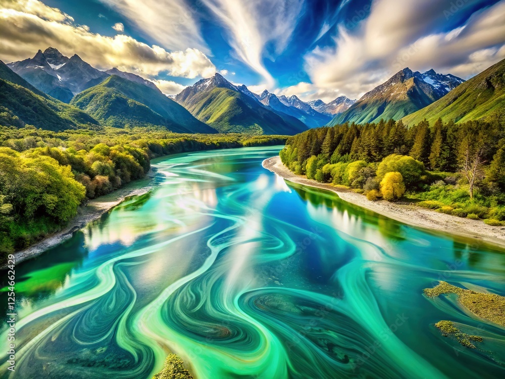 Fototapeta premium Majestic Dart River, Otago, New Zealand: Double Exposure Landscape Photography