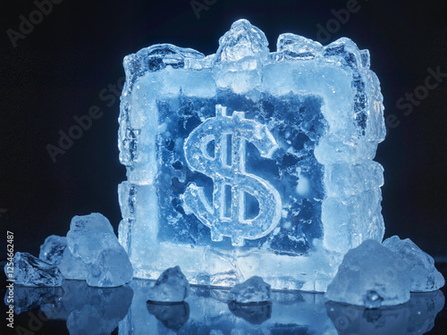 Frozen Asset: Dollar sign encased in ice reflecting on a slick surface, representing economic stagnation.