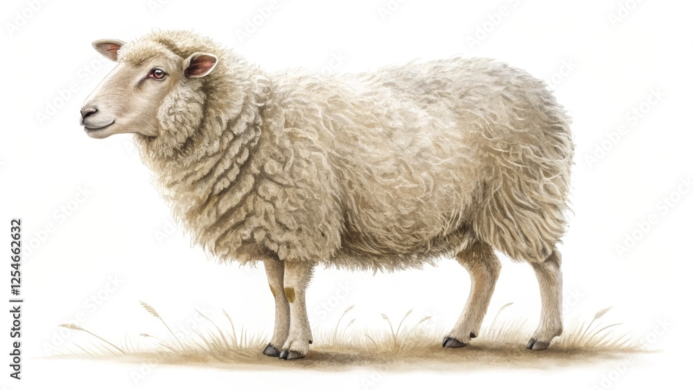 Fototapeta premium Digital Watercolor Painting Fluffy Sheep in a Field