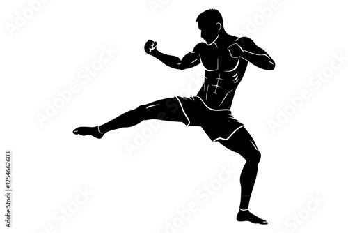 A silhouette of a kickboxer in a fighting stance on white background.