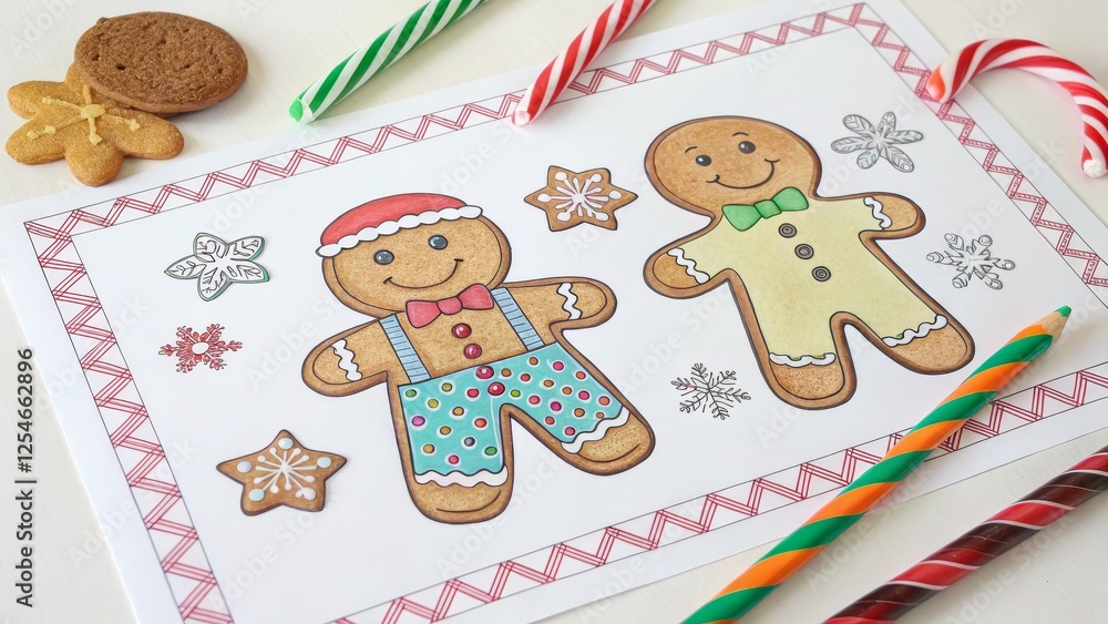 Obraz premium Gingerbread Friends Colored Pencil Christmas Coloring Page