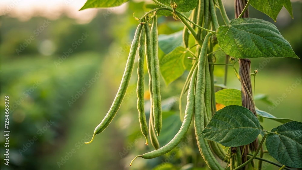 Fototapeta premium Golden Hour Bean Harvest Close-up of Green Beans on Vine