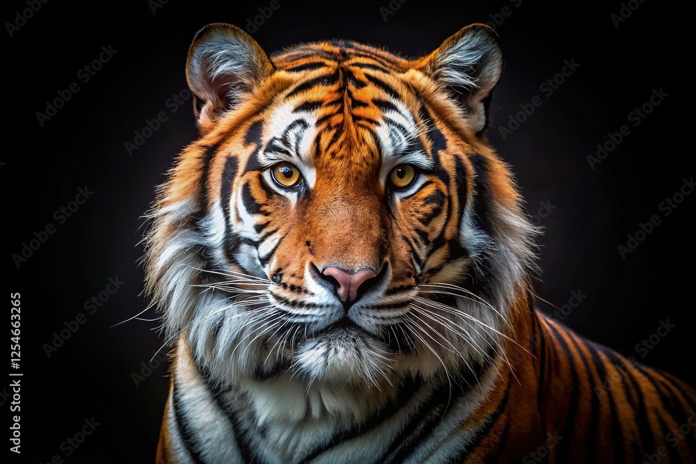 Fototapeta premium Majestic Tiger Portrait: Powerful Black Background Stock Photo