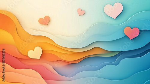 Abstract blue and orange wave background illustration with pink hearts in paper cut style.