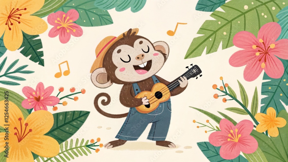 Naklejka premium Joyful Monkey Ukulele Player in Tropical Bloom