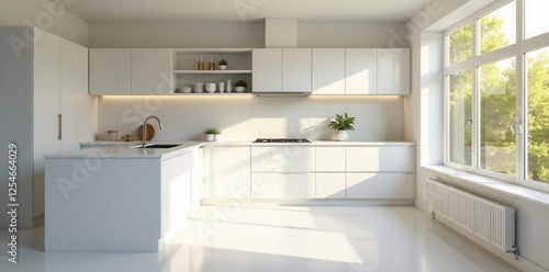 Gleaming white kitchen bathed in sunlight, subtle shadows, photography, clean design