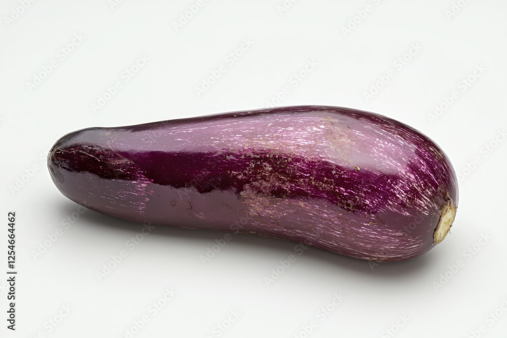 Single raw eggplant with purple and white stripes against a clean white background studio shot Single raw eggplant with purple and white stripes against a clean white background studio shot