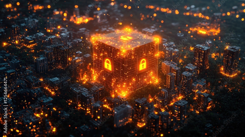 A glowing cube symbolizing security stands amidst a futuristic cityscape at night, illuminated by lights A glowing cube symbolizing security stands amidst a futuristic cityscape at night, illuminated by lights