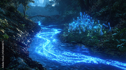 Enchanted river flowing through a lush forest, illuminated by glowing blue plants in the background