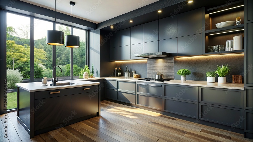 Naklejka premium Modern Black Kitchen Interior: Sleek Sink & Oven Design