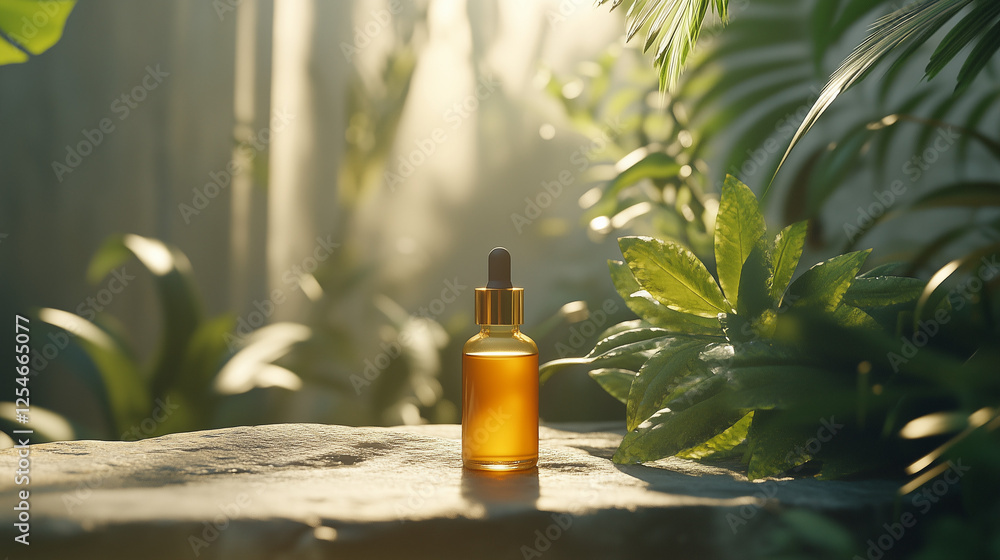 A minimalistic shot of a glass serum bottle with a dropper cap, placed on a textured stone surface with soft sunlight filtering through nearby plants. A minimalistic shot of a glass serum bottle with a dropper cap, placed on a textured stone surface with soft sunlight filtering through nearby plants.