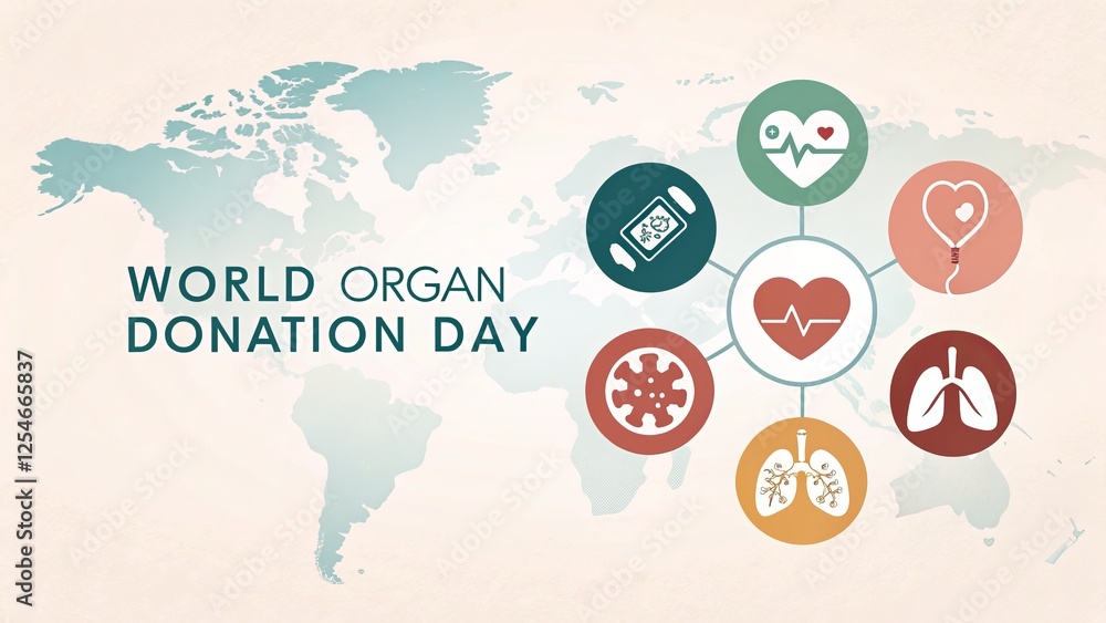 Fototapeta premium World Organ Donation Day Global Network of Life, Icons, Heartbeat, World Map, Organ Transplantation Organ Donation, World Health
