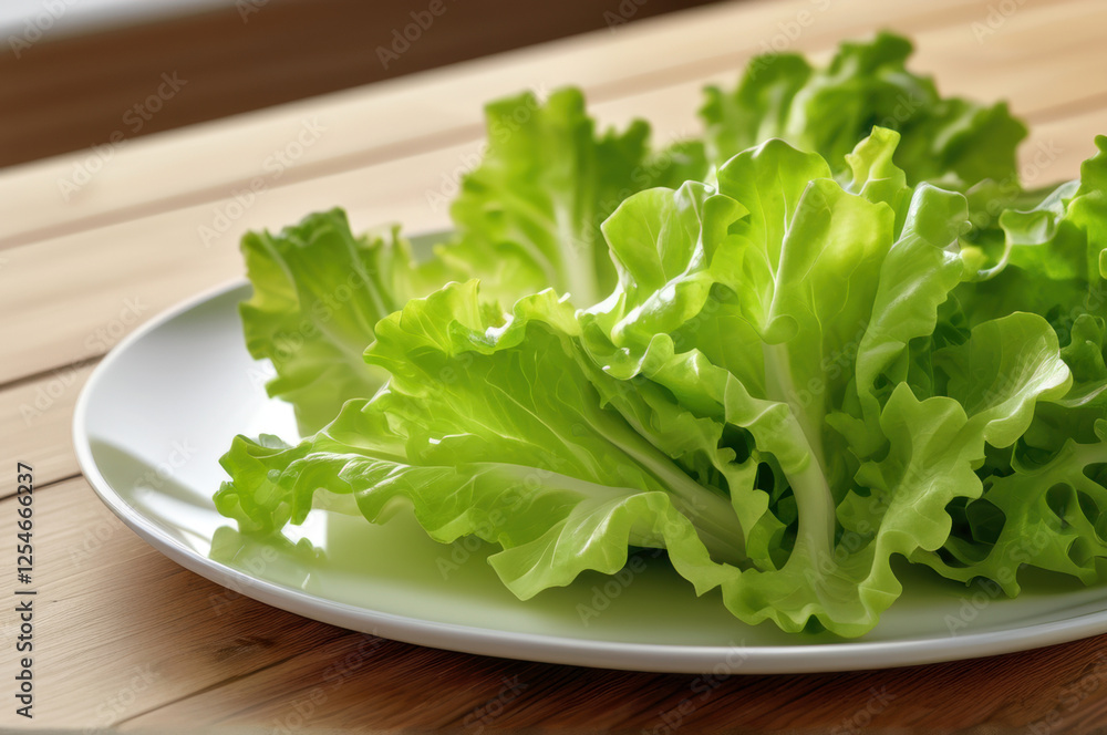 Fresh green lettuce leaves on a white plate, simple and healthy eating concept Fresh green lettuce leaves on a white plate, simple and healthy eating concept