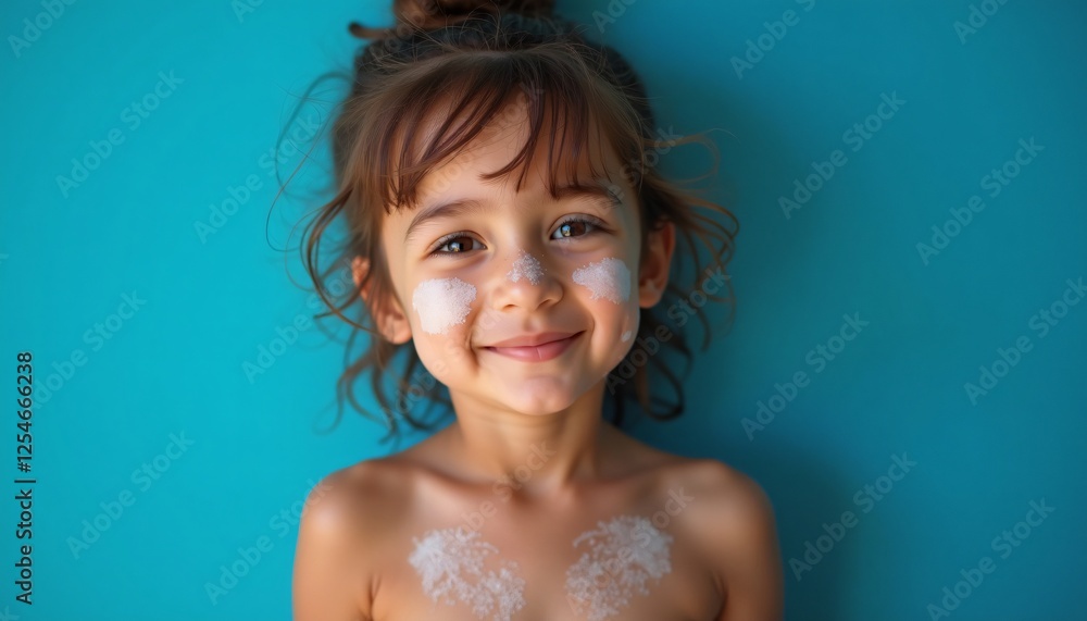 Happy Little Girl with Sunscreen on Face and Chest Against Teal Background Happy Little Girl with Sunscreen on Face and Chest Against Teal Background