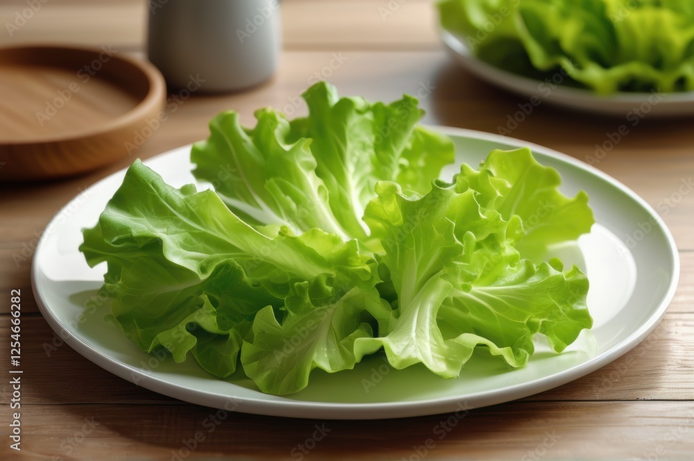 Fresh green lettuce leaves on a white plate, simple and healthy eating concept Fresh green lettuce leaves on a white plate, simple and healthy eating concept