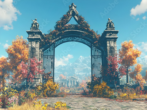Autumnal stone archway to mountain cemetery