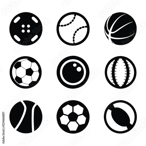 Football (Soccer Ball), Basketball, Baseball, Tennis Ball, Cricket Ball, Golf Ball, Volleyball, Rugby Ball, American Football, Hockey Ball, Ping Pong Ball icon set