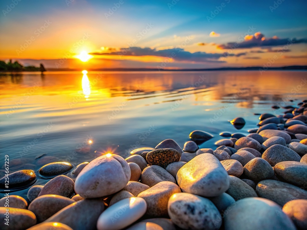 Obraz premium Serene Dusk: Lake Shore Stones at Sunset - Tranquil Landscape Photography