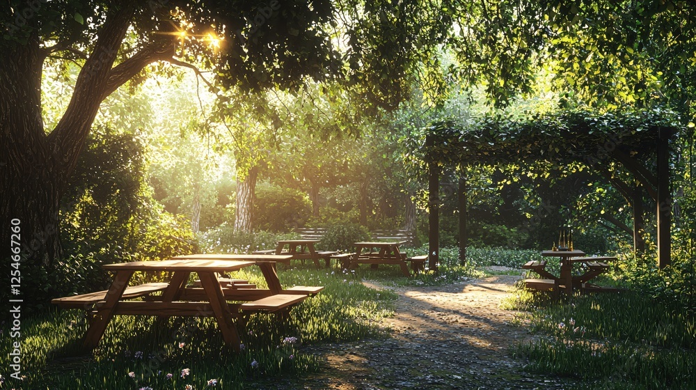 Serene Picnic Tables in Forest Sunlight Inviting Outdoor Dining and Peaceful Relaxation Serene Picnic Tables in Forest Sunlight Inviting Outdoor Dining and Peaceful Relaxation