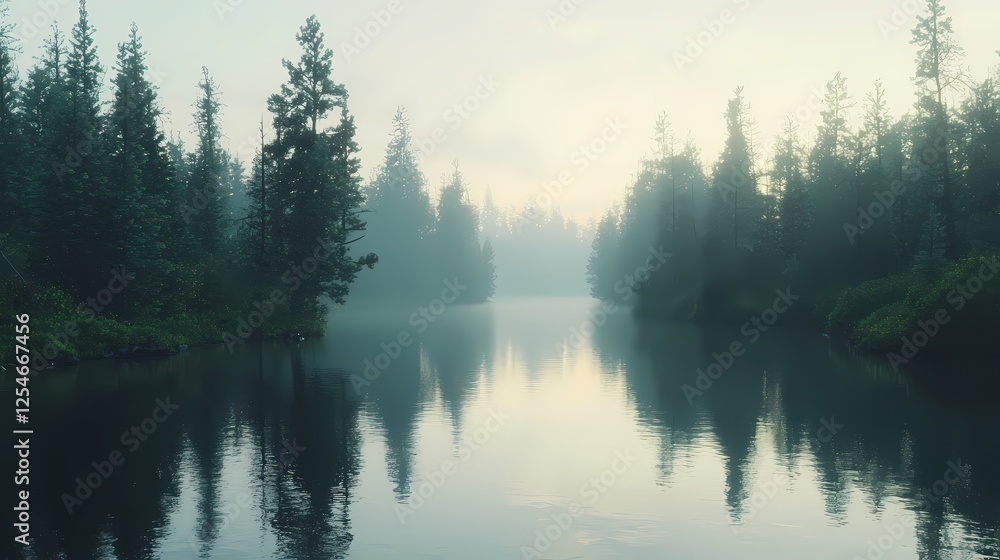 Serene lake reflecting misty forest trees in tranquil morning light nature landscape Serene lake reflecting misty forest trees in tranquil morning light nature landscape
