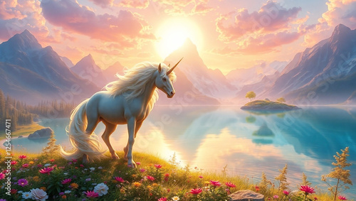 Majestic unicorns with high mountains, clear lakes, vibrant sunsets, and magical fantasy landscape. photo