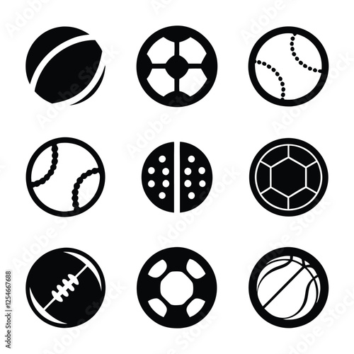 Football (Soccer Ball), Basketball, Baseball, Tennis Ball, Cricket Ball, Golf Ball, Volleyball, Rugby Ball, American Football, Hockey Ball, Ping Pong Ball icon set