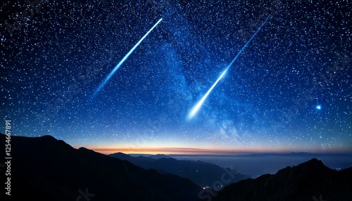 Shooting star in the sky. Meteor shower. Stary sky.