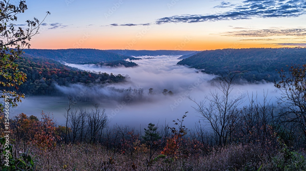 Autumnal Valley Vista A Sea of Mist Unveiling Forested Hills at the Break of Dawn Autumnal Valley Vista A Sea of Mist Unveiling Forested Hills at the Break of Dawn