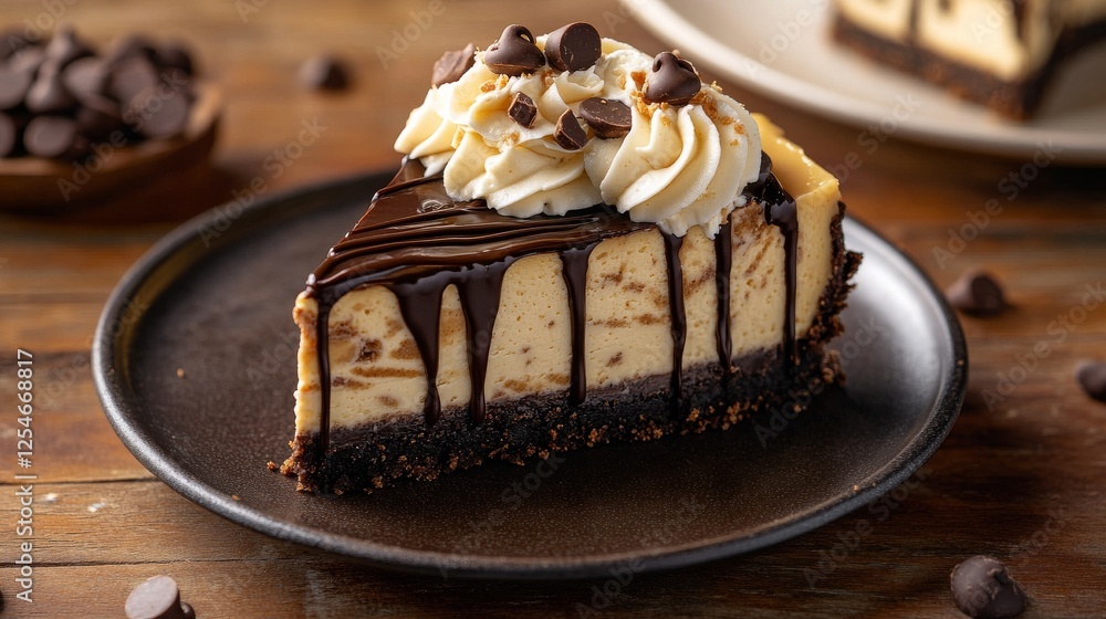 A decadent slice of peanut butter cheesecake resting on a rich chocolate cookie crust, adorned with swirls of whipped cream on top. The cheesecake is studded with creamy peanut butter chips A decadent slice of peanut butter cheesecake resting on a rich chocolate cookie crust, adorned with swirls of whipped cream on top. The cheesecake is studded with creamy peanut butter chips