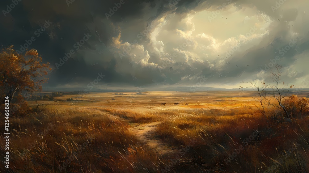 Dramatic golden field landscape with horses under a stormy sky artistic digital painting Dramatic golden field landscape with horses under a stormy sky artistic digital painting