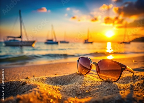 Wallpaper Mural Sunset Beach Scene: Sunglasses Resting on Sandy Shore with Boats Torontodigital.ca