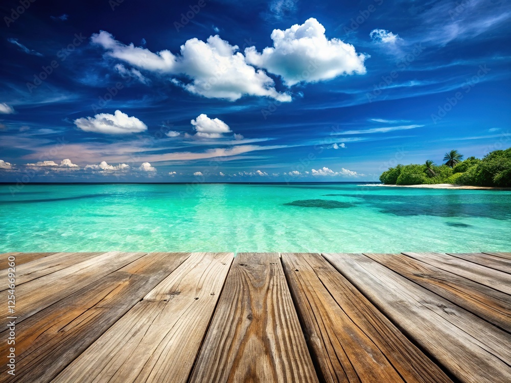 Fototapeta premium Tropical Beach Deck: Turquoise Waters & Azure Sky - Macro Photography Stock Photo
