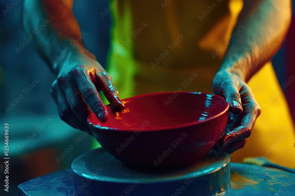 Obraz premium A potter's hands carefully shape a vibrant red bowl on a spinning wheel, showcasing artistry and skill.