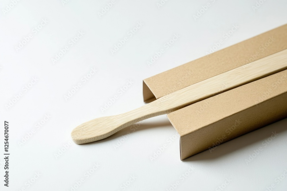 A light-colored wooden toothbrush rests inside a simple cardboard box, ready for use. A light-colored wooden toothbrush rests inside a simple cardboard box, ready for use.