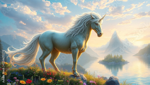 Majestic unicorns with high mountains, clear lakes, vibrant sunsets, and magical fantasy landscape. photo