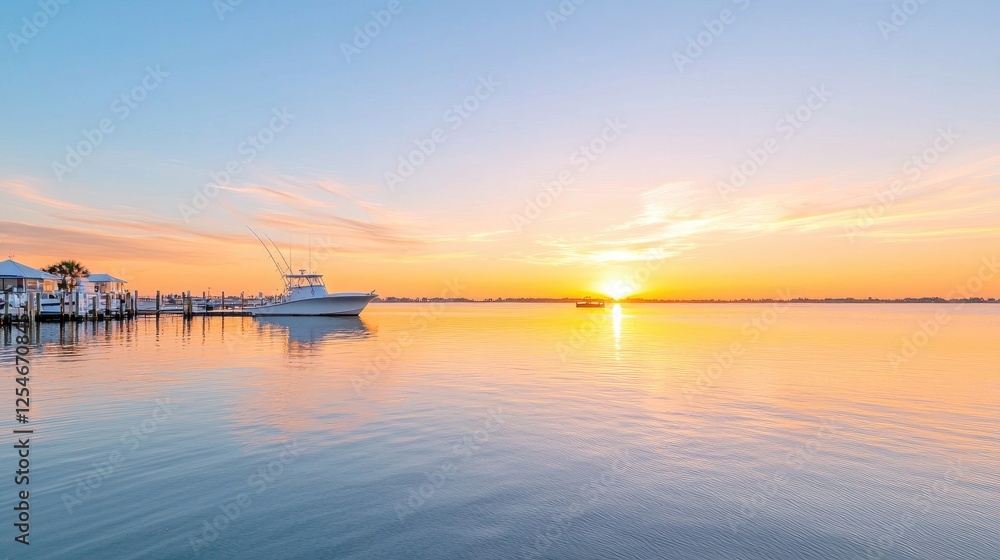 Sunrise over calm bay, boat at dock, peaceful morning Sunrise over calm bay, boat at dock, peaceful morning