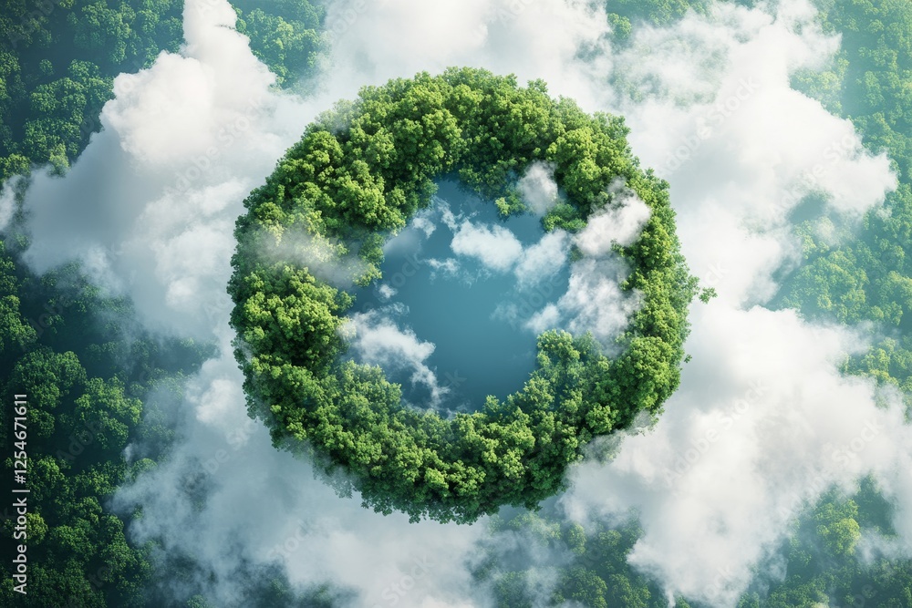 Aerial view of a circular island of lush green trees surrounded by clouds and a central blue sky opening. Aerial view of a circular island of lush green trees surrounded by clouds and a central blue sky opening.