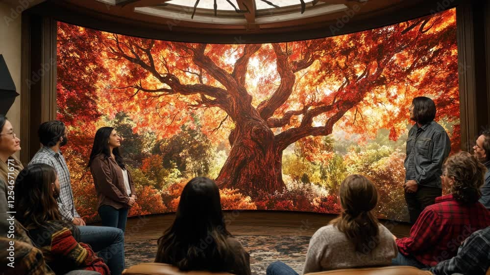 A group of people engaged in a discussion, captivated by a vibrant autumn tree displayed on a large screen