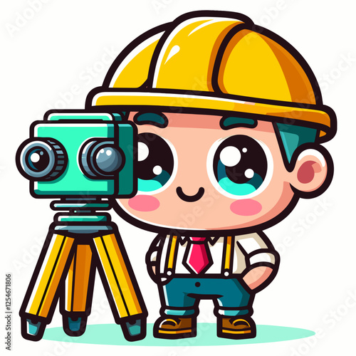 Cartoon surveyor with theodolite and hard hat
