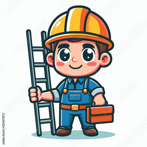 Cartoon construction worker with ladder and toolbox